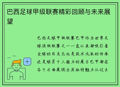 巴西足球甲级联赛精彩回顾与未来展望