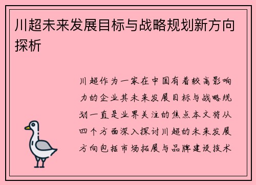 川超未来发展目标与战略规划新方向探析